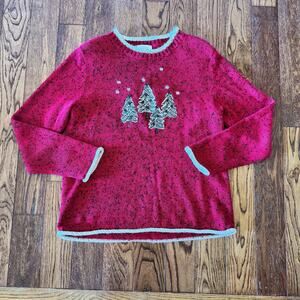 VTG Christopher & Banks Womens M Christmas Sweater Embroidered Trees Holiday